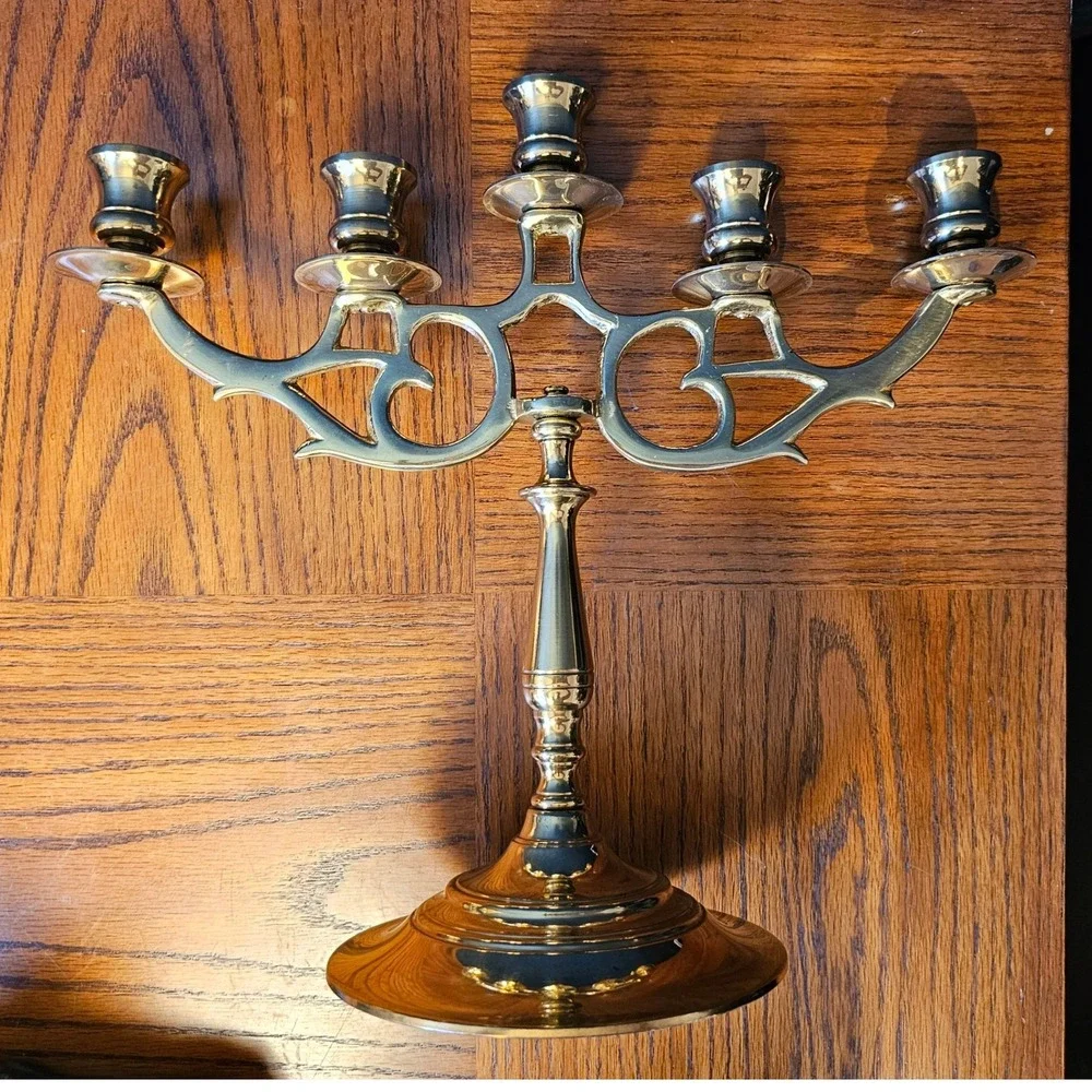 Vintage Brass 5 Arm Candelabra Art Nouveau Scrollwork Candlestick W Mark